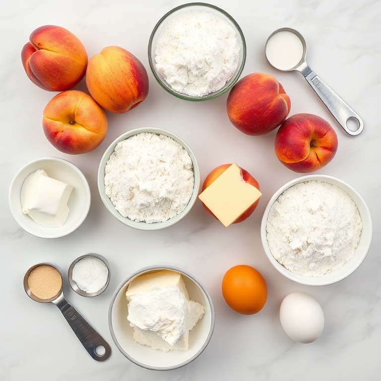 Fresh peaches, flour, sugar, butter, cream cheese, and eggs arranged in an overhead flat lay. Measuring spoons and bowls visible on a white marble surface.
