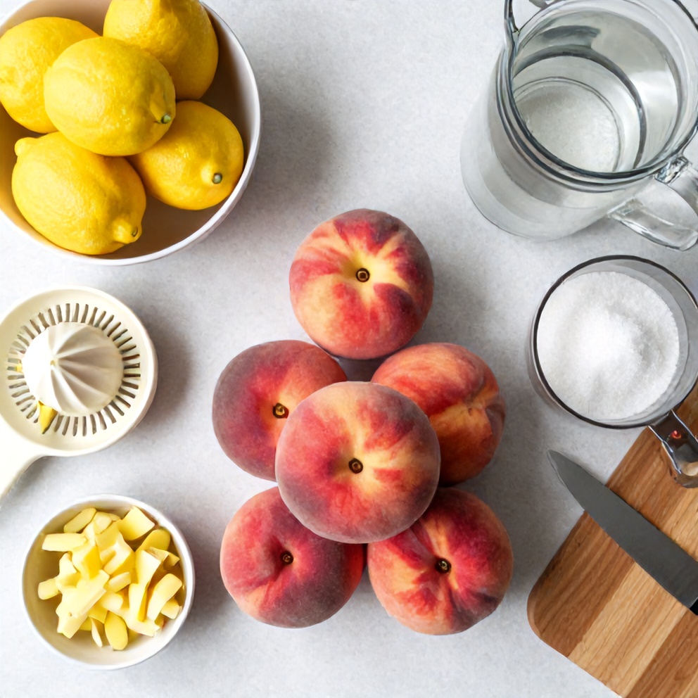Raw ingredients for peach ginger lemonade including peaches, lemons, ginger, and sugar