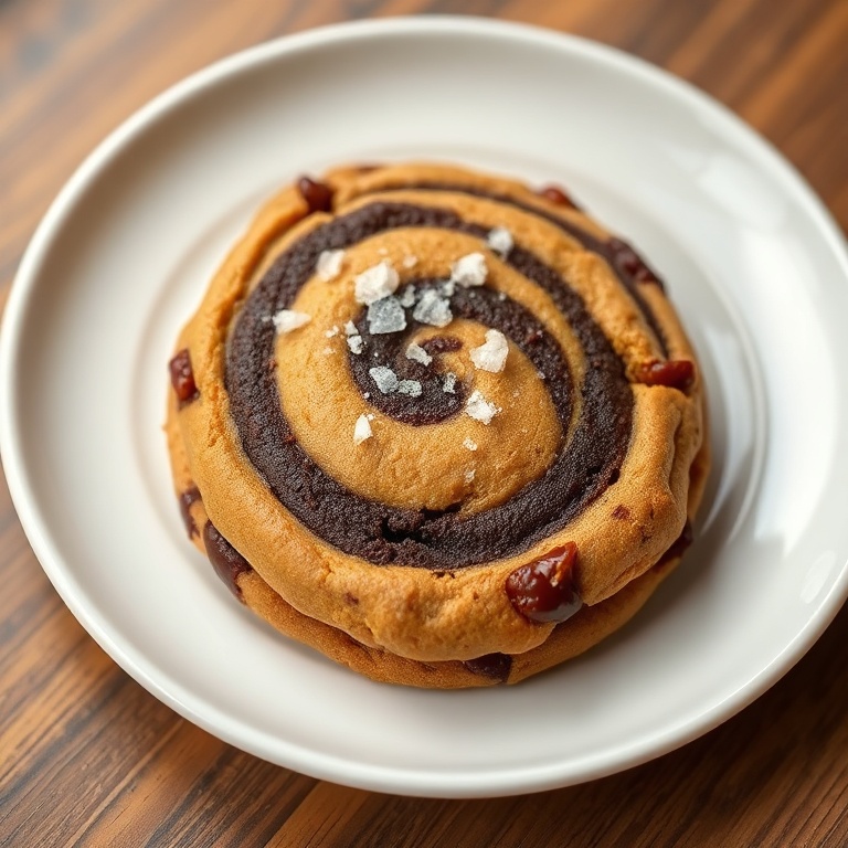 One perfect plated serving of peanut butter brownie swirl cookies. Topped with a sprinkle of sea salt. Close crop, food fills 90% of frame. White ceramic plate. Warm side lighting highlighting texture. Photorealistic food photography, no text, no watermark.