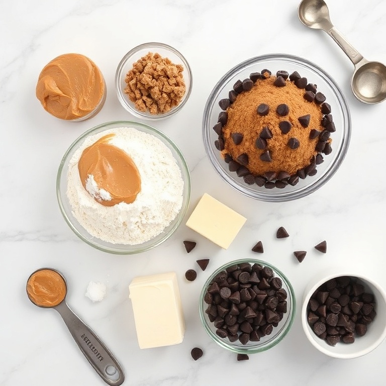 Overhead flat lay of the raw ingredients for peanut butter brownie swirl cookies. Peanut butter, flour, butter, brown sugar, and chocolate chips clearly visible. Prep bowls, measuring spoons, and cups near the edge. White marble surface. Bright even light. Photorealistic overhead food photography, no text, no watermark.