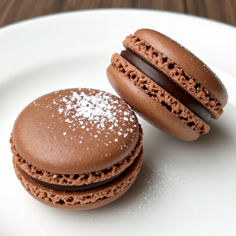 Two chocolate macarons on a white plate