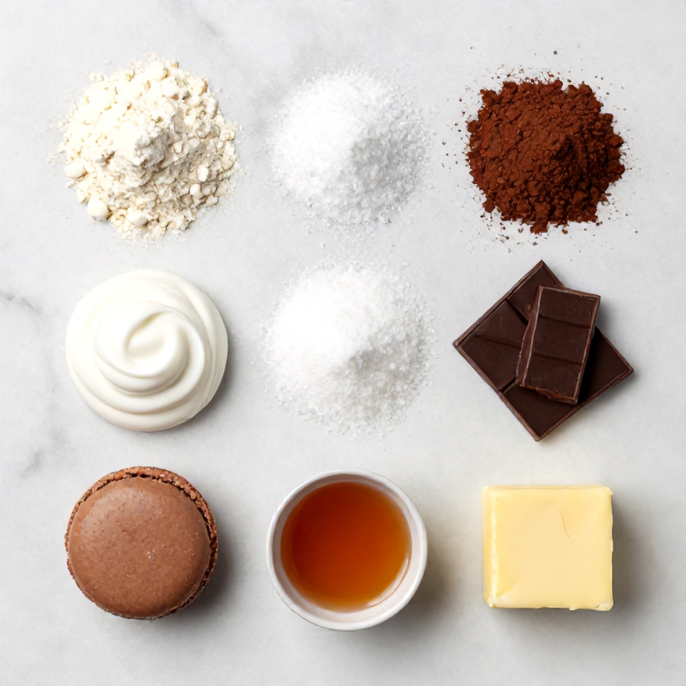 Raw ingredients for chocolate macarons on a marble surface