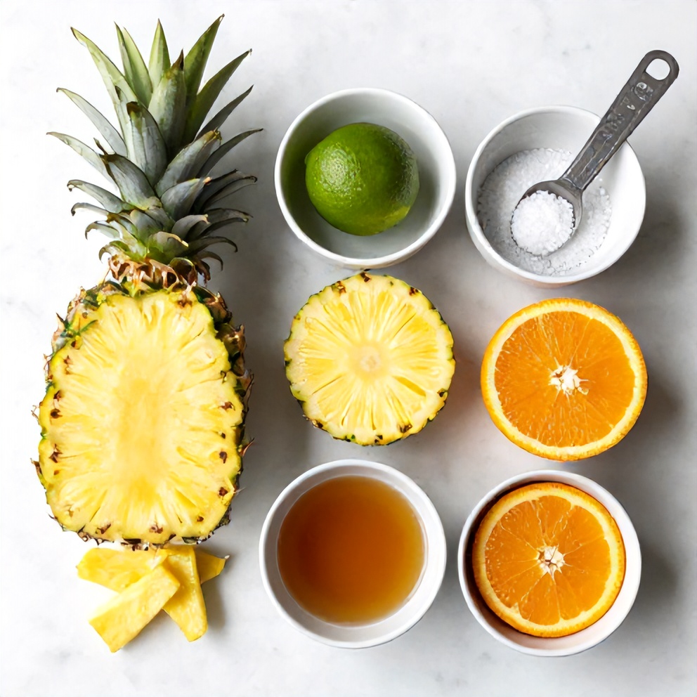 Raw ingredients for Pineapple Margarita Mocktail laid out on a wooden surface