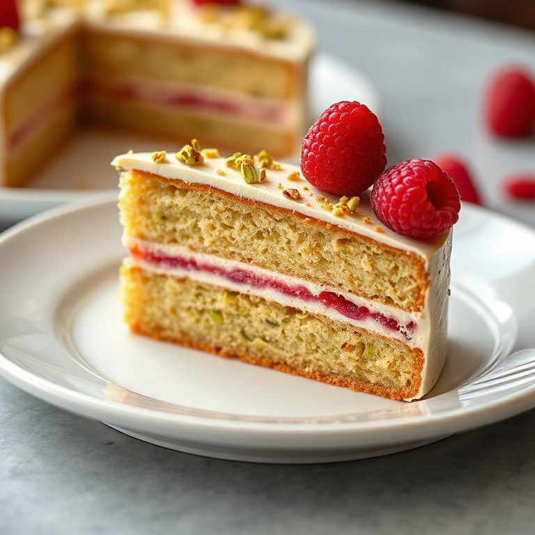 Sliced pistachio raspberry cake on a white plate. Fresh raspberry garnish. Warm lighting showing texture and layers.