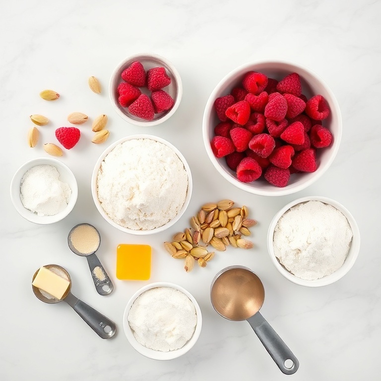 Fresh raspberries, pistachios, flour, sugar, eggs, butter, and baking powder arranged in an overhead flat lay. Measuring spoons and bowls visible.