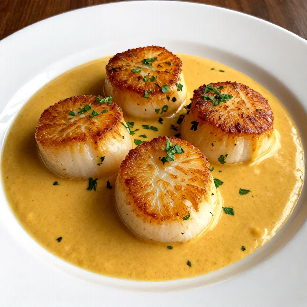 Plated Cajun scallops in creamy mustard sauce with garnish