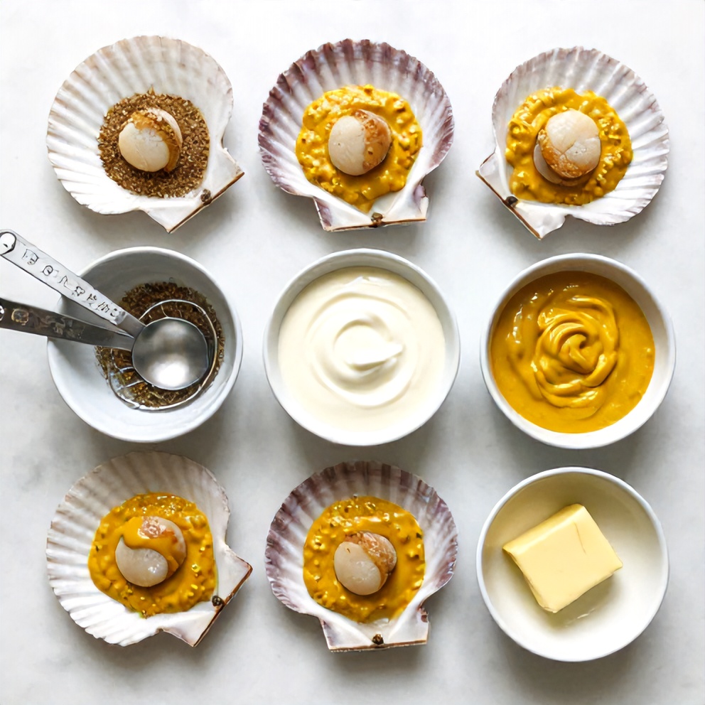 Raw ingredients for Cajun scallops with creamy mustard sauce