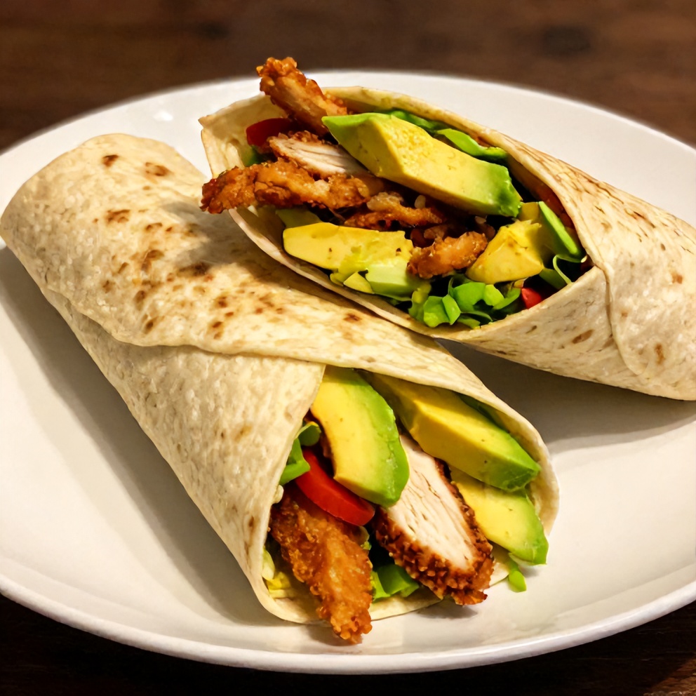 Chicken avocado wrap on a white plate