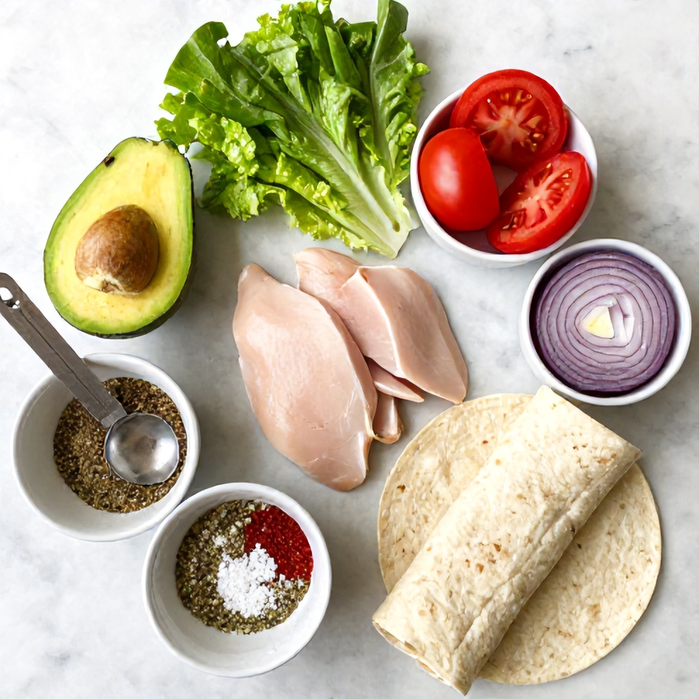 Raw ingredients for chicken avocado wrap on a marble surface