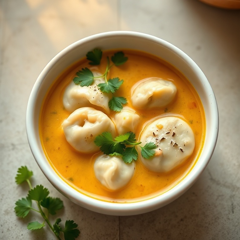 A single serving of quick coconut curry soup with vegan dumplings. Garnished with fresh cilantro. A white ceramic bowl with a warm side light.