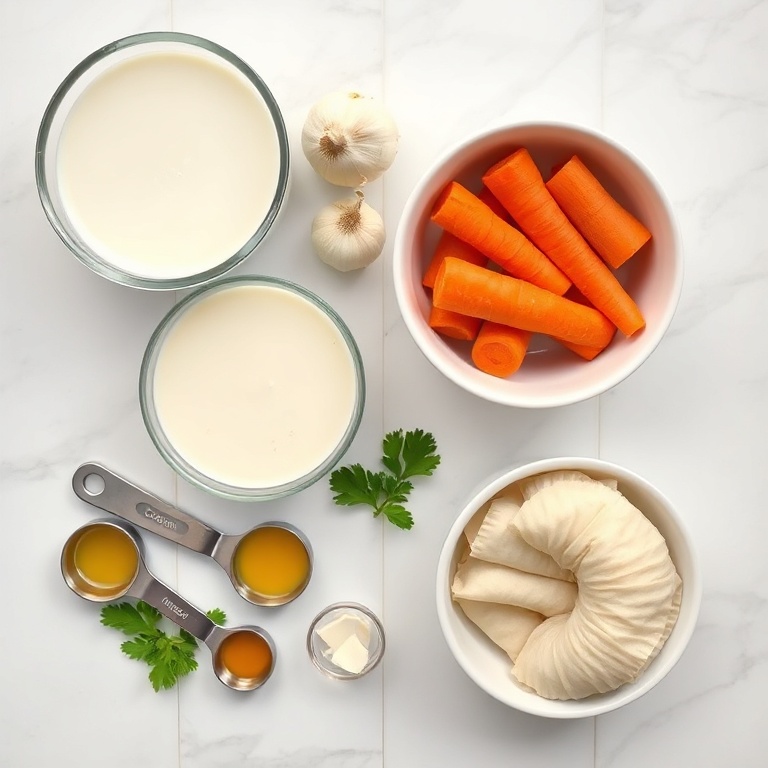 Raw ingredients for quick coconut curry soup. Coconut milk, onion, garlic, carrots, and vegan dumpling wrappers. Measuring spoons and bowls on a white marble surface.