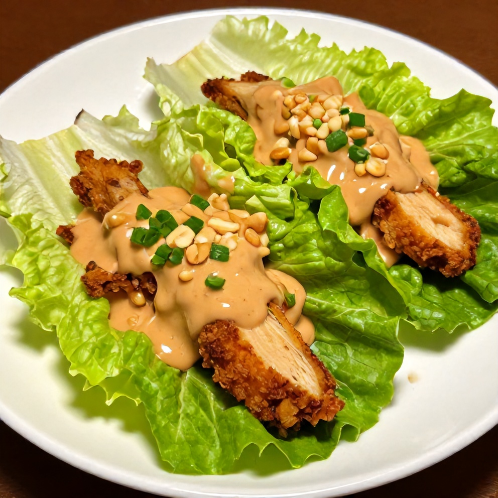 Plated chicken lettuce wraps with peanut sauce
