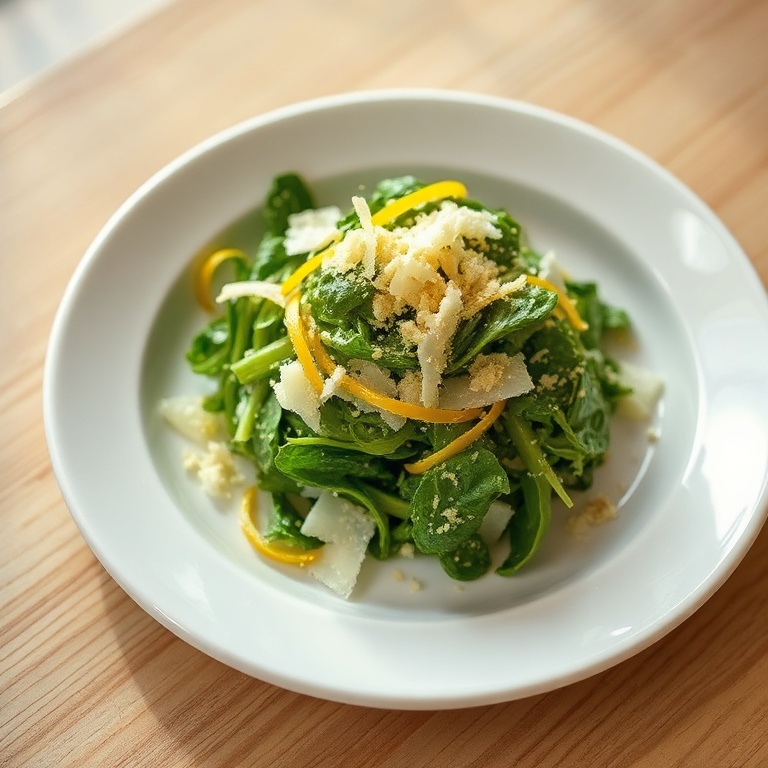 One plated serving of lemon parmesan lettuce salad sprinkled with fresh parmesan on a shallow white bowl, lemon wedge on side.