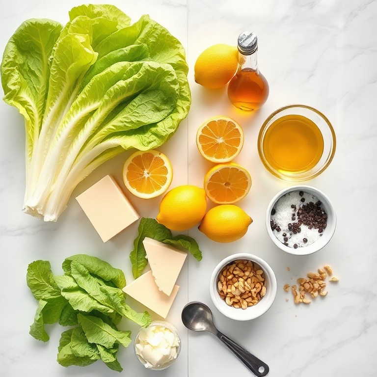 Overhead view of romaine lettuce, fresh lemons, parmesan cheese block, olive oil, and black pepper in bowls for lemon parmesan salad.