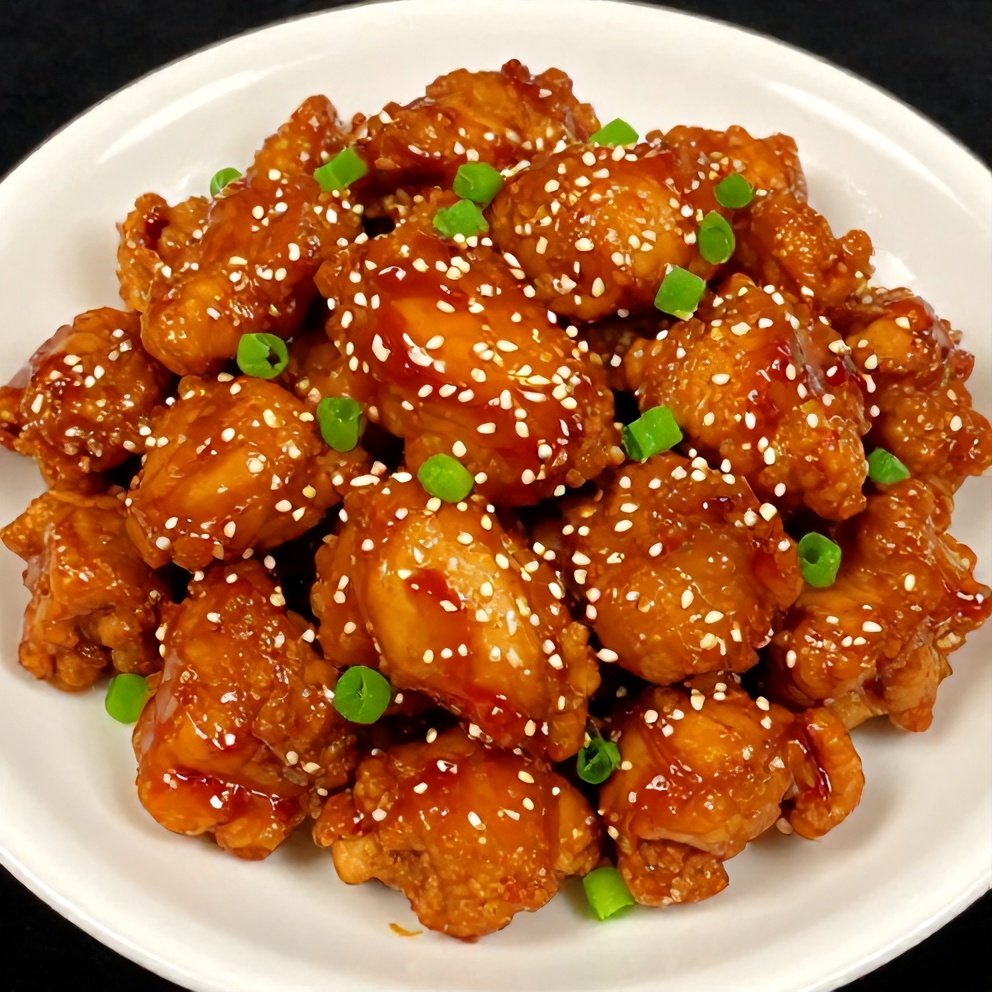 Plated serving of Quick Spicy Dragon Chicken with green onions
