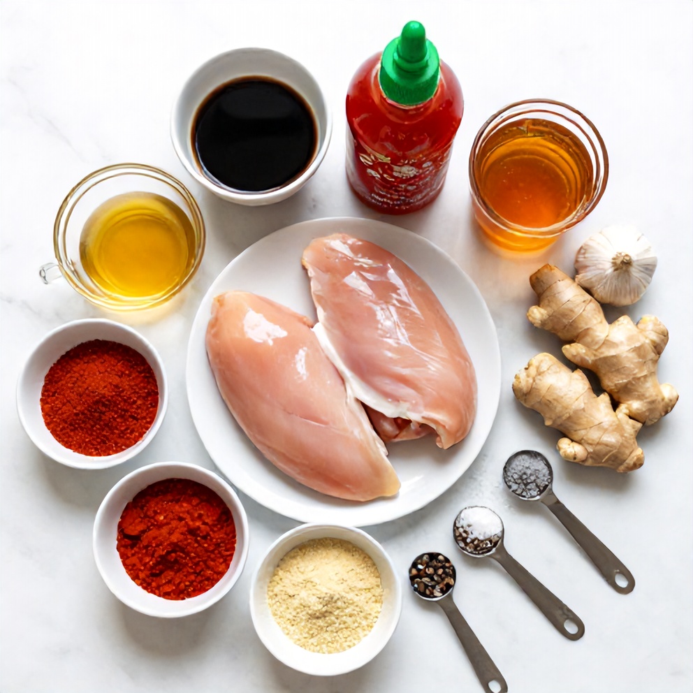 Raw ingredients for Quick Spicy Dragon Chicken on a white marble surface