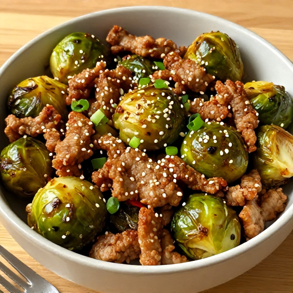 Close-up of Quick Spicy Pork Brussels Sprouts Bowls with a fork