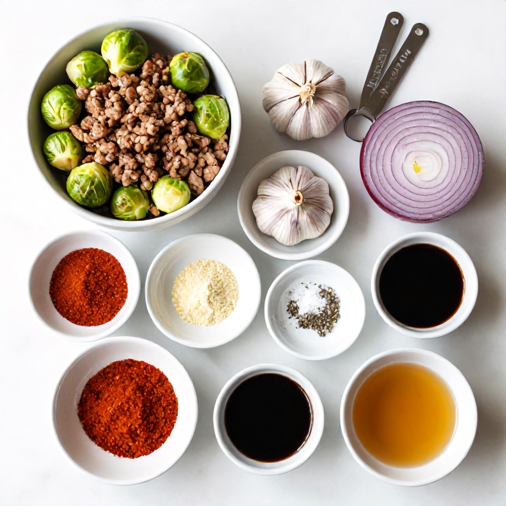 Raw ingredients for Quick Spicy Pork Brussels Sprouts Bowls on a marble surface