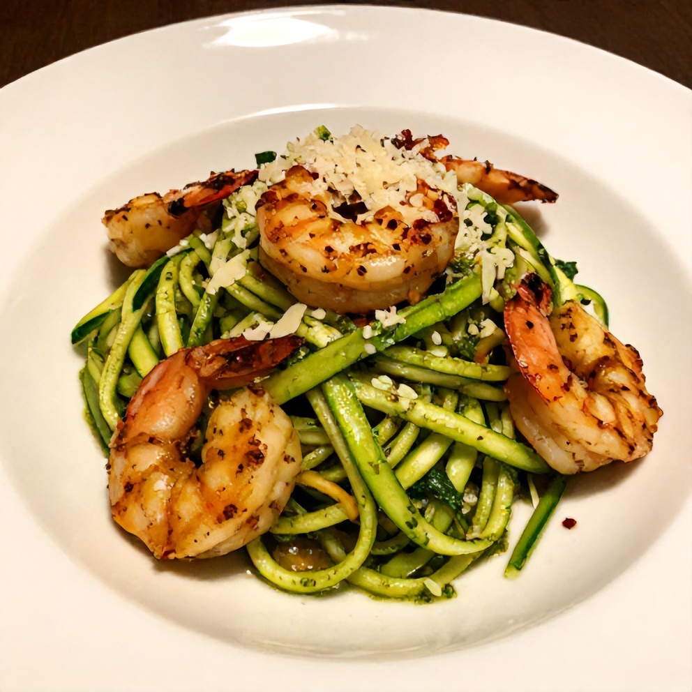 Plated zucchini noodles with pesto and grilled shrimp