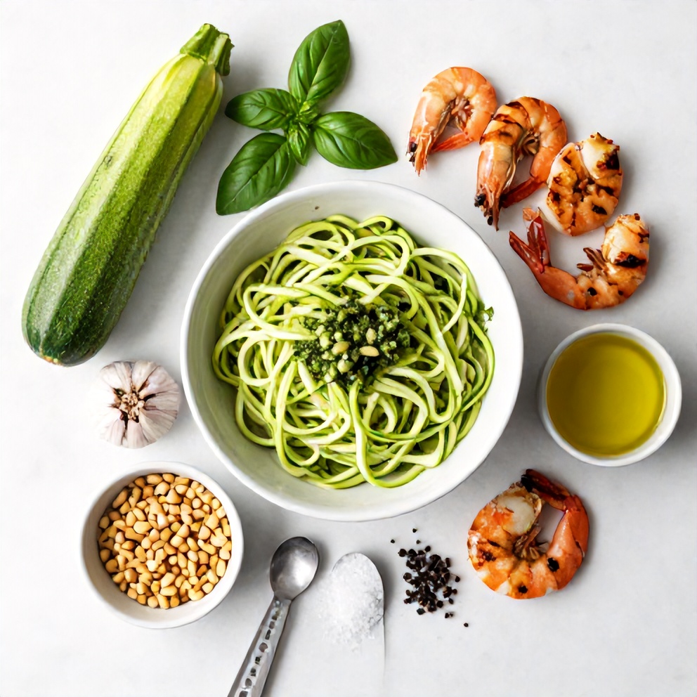 Raw ingredients for quick zucchini noodles with pesto and grilled shrimp