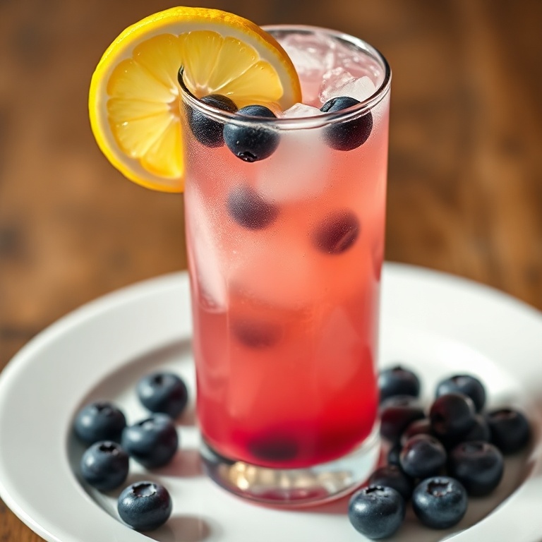 A tall glass of blueberry bourbon lemonade with a lemon wedge and fresh blueberries on the side