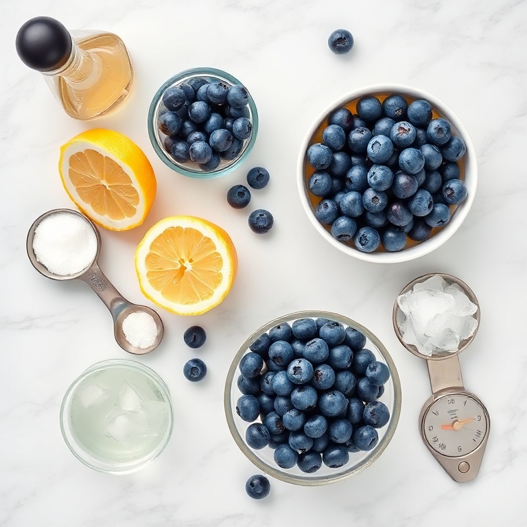 Blueberries, bourbon, fresh lemons, sugar, and ice arranged in a neat flat lay