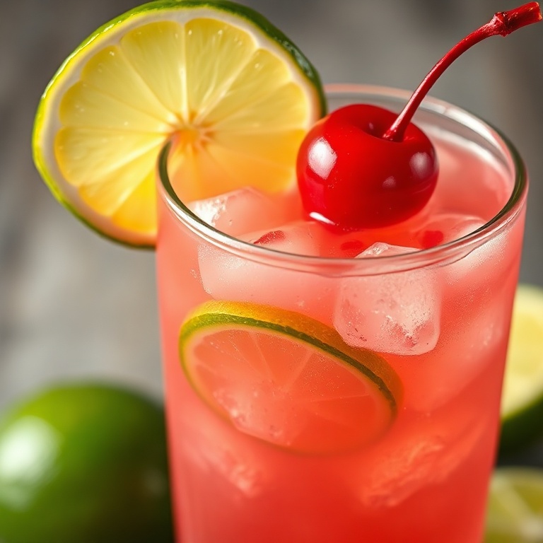 A glass of cherry limeade with a slice of lime and a cherry on the rim
