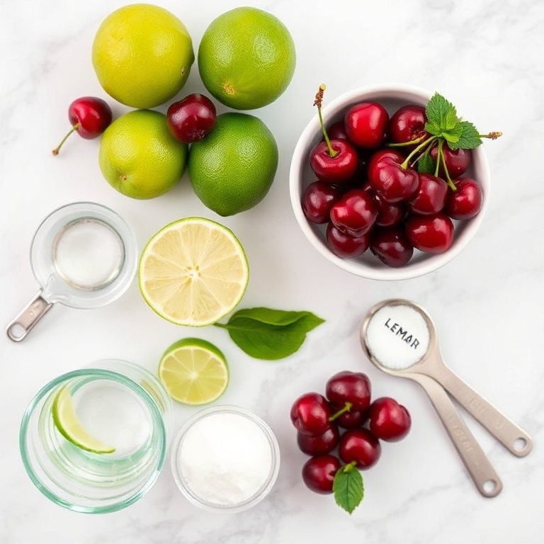 Fresh cherries, limes, sugar, water, and a glass for making cherry limeade