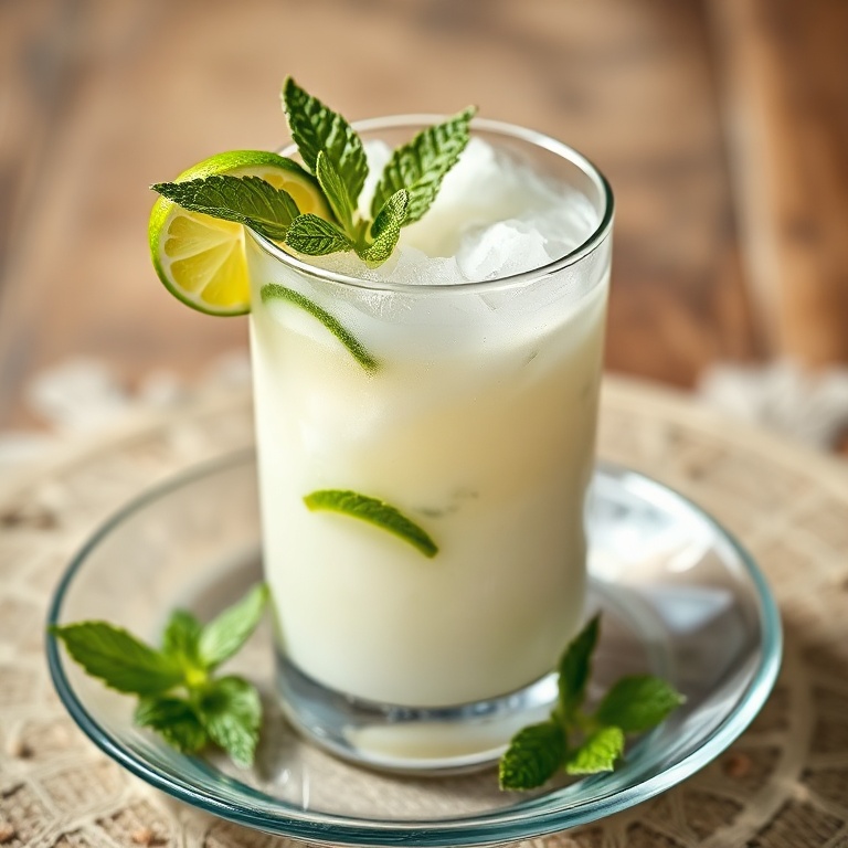 A chilled coconut lime drink in a clear glass with a lime slice and mint garnish