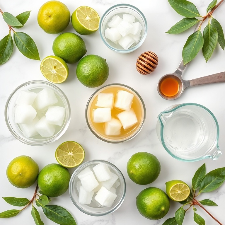 A flat lay of fresh limes, coconut water, ice cubes, and a glass for the coconut lime drink