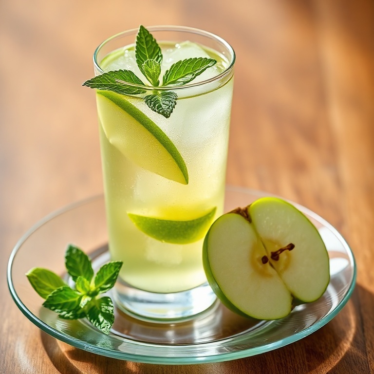 A glass of green apple soda with sparkling water, a green apple slice, and a mint garnish.