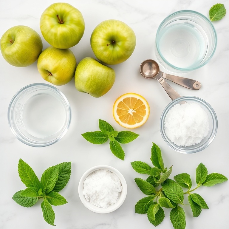 Raw green apples, sparkling water, sugar, mint leaves, and a lemon slice arranged in a flat lay.