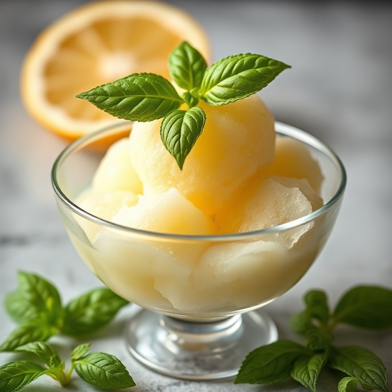A perfect serving of refreshing lemon basil sorbet in a glass bowl, topped with a basil leaf. Warm side lighting showing texture. Photorealistic food photography style