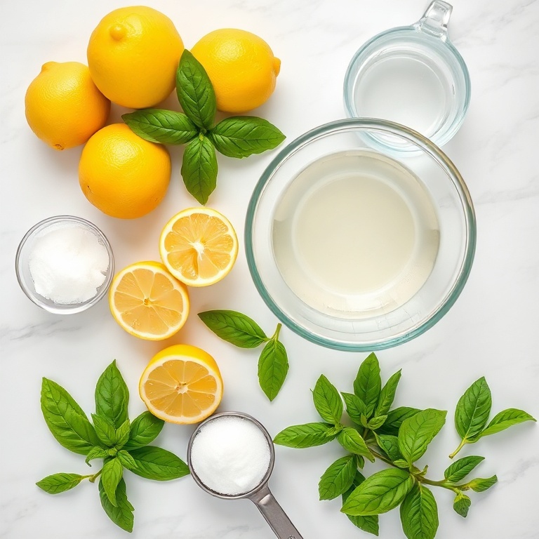 Overhead flat lay of lemon basil sorbet ingredients: fresh lemons, fresh basil, sugar, water, and a glass bowl. Measuring spoons and cups visible. White marble surface. Bright even light. Photorealistic food photography style