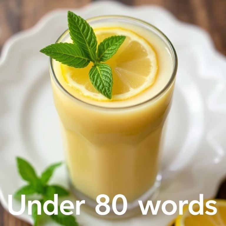 A glass of lemon creamade with a lemon slice and mint leaf on top. The creamy texture and golden color are evident. A white ceramic plate is in the background.