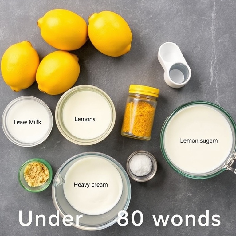Raw ingredients for lemon creamade arranged in an overhead flat lay. Lemons, milk, sugar, heavy cream, and a lemon zest jar are visible. Measuring tools and bowls are in the shot.