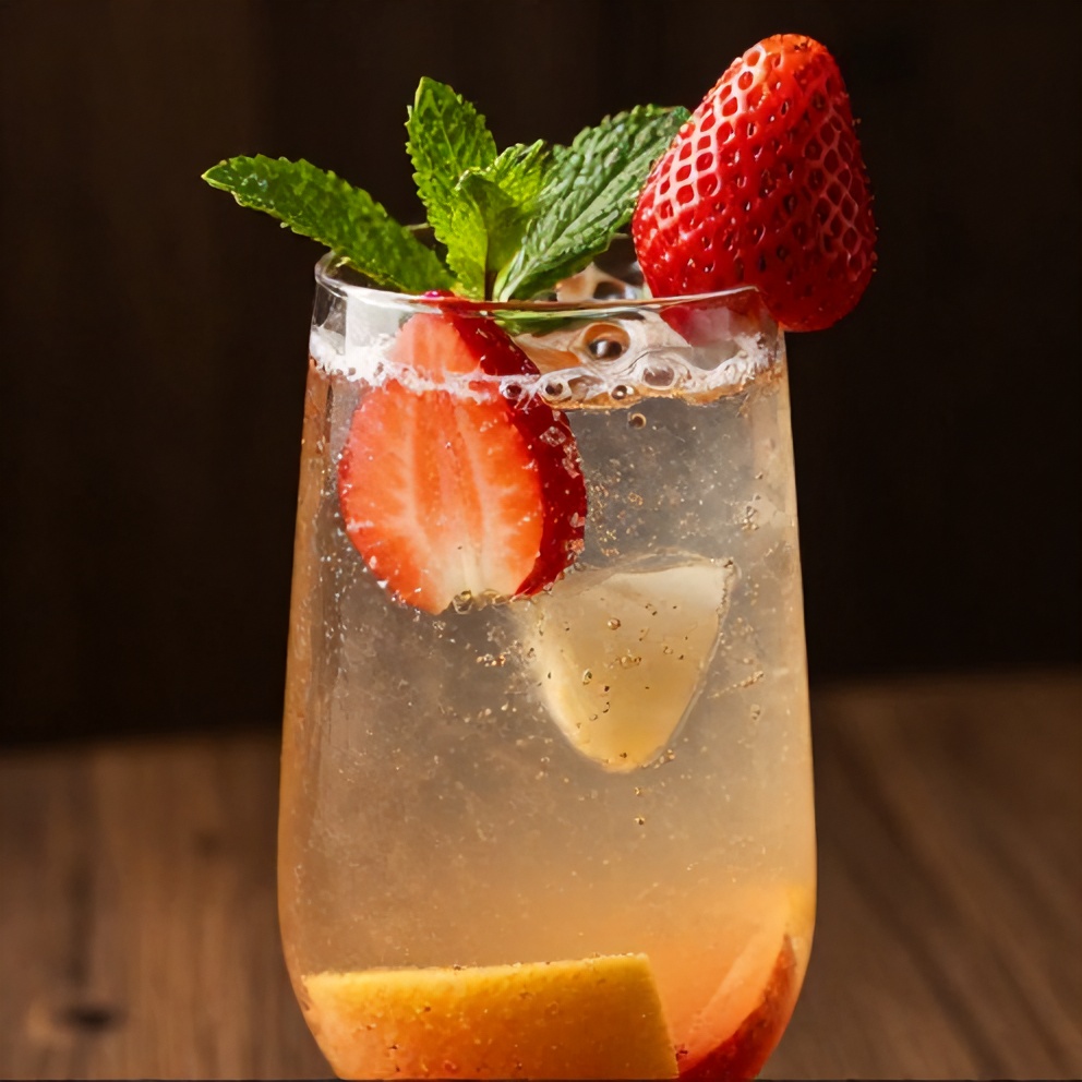 A glass of Sparkling Fruit Punch with a fruit garnish