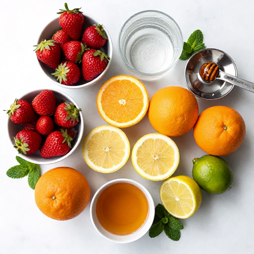 Raw ingredients for Sparkling Fruit Punch arranged in a flat lay