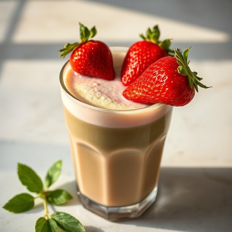 A single serving of strawberry matcha latte in a clear glass. Fresh strawberries are placed on top. Warm light highlights the creamy texture and vibrant colors.