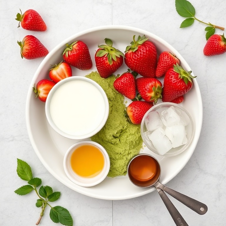 A flat lay of fresh strawberries, matcha powder, milk, honey, ice, and a small cup of matcha. The ingredients are arranged in a clean white bowl with measuring spoons nearby.