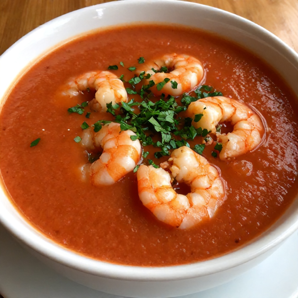 Plated summer gazpacho with shrimp and chopped parsley