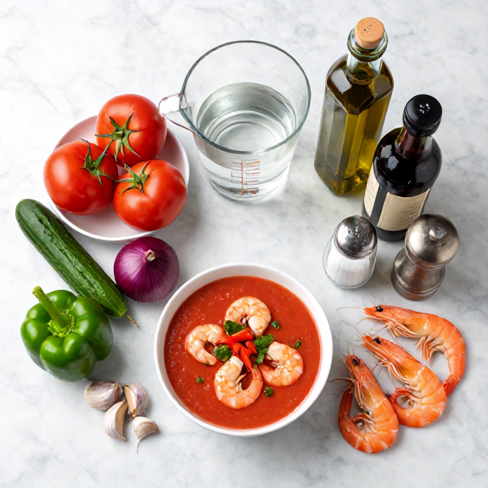 Raw ingredients for summer gazpacho with shrimp on a marble surface
