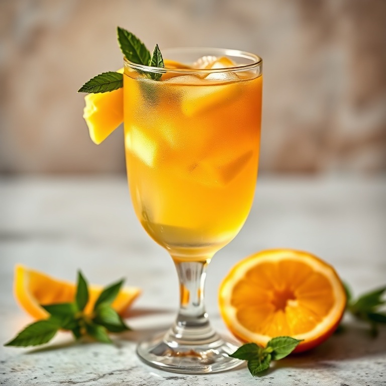 A glass of tropical white wine sangria with fresh mango, pineapple, and citrus. Served in a clear glass with ice. Warm side light shows the texture. Photorealistic food photography, no text, no watermark.