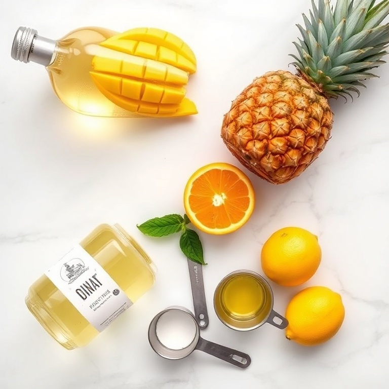 Overhead flat lay of the raw ingredients for tropical white wine sangria. The 5 most visually prominent ingredients are white wine, mango, pineapple, orange, and lemon. Small prep bowls, measuring spoons, and cups visible. White marble surface. Bright even natural light. Photorealistic overhead food photography, no text, no watermark.