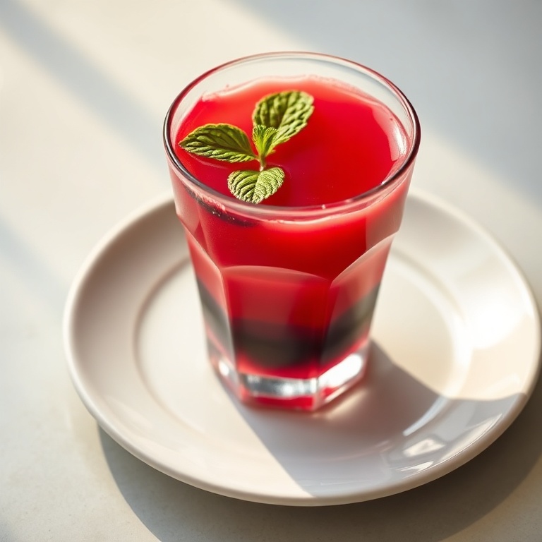 A single glass of watermelon berry beet juice placed on a white ceramic plate. A sprig of mint is floating in the juice. The glass is filled to the brim, with a slight drip on the edge. Warm side lighting shows the clarity and color of the juice. The plate is clean and simple, with no additional elements.