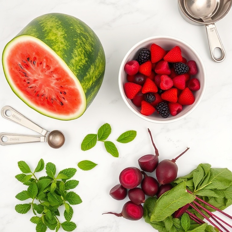 Overhead shot of watermelon, fresh berries, beets, and mint leaves. The watermelon is cut in half, showing its red flesh. The berries are spread out in a bowl. The beets are peeled and sliced. Mint leaves are scattered around. Measuring spoons and a mixing bowl are visible. The surface is white marble with even lighting.