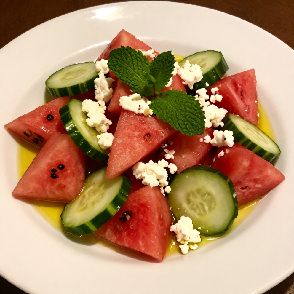 Plated Watermelon Cucumber Salad with Feta and Mint