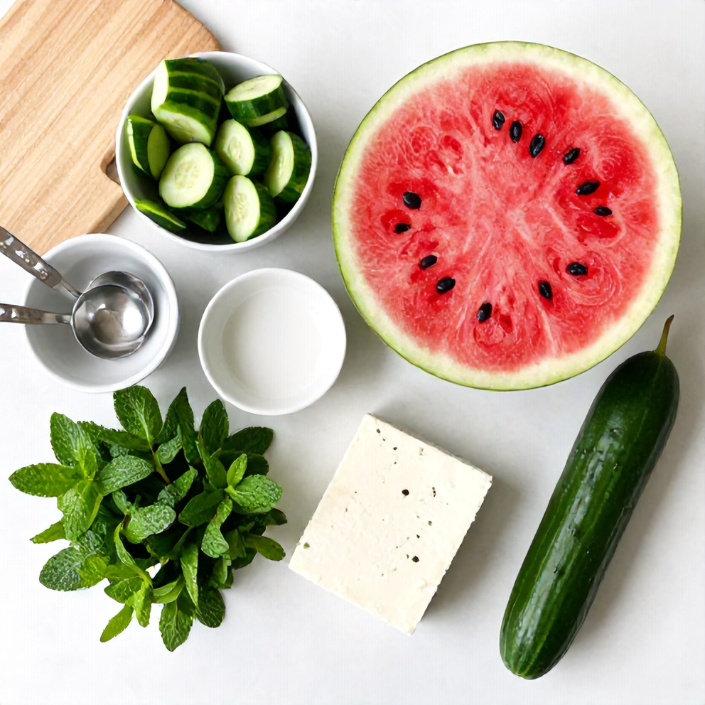 Raw ingredients for Watermelon Cucumber Salad