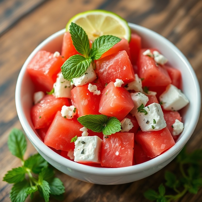 Watermelon feta salad in a white bowl. Garnished with fresh mint and a lime wedge. Warm side light highlights texture.