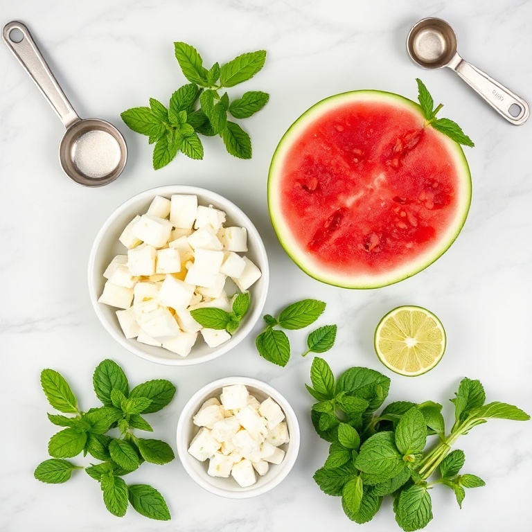 Watermelon, feta cheese, cucumbers, mint, and lime on white marble. Measuring spoons and bowls visible. Bright even light.
